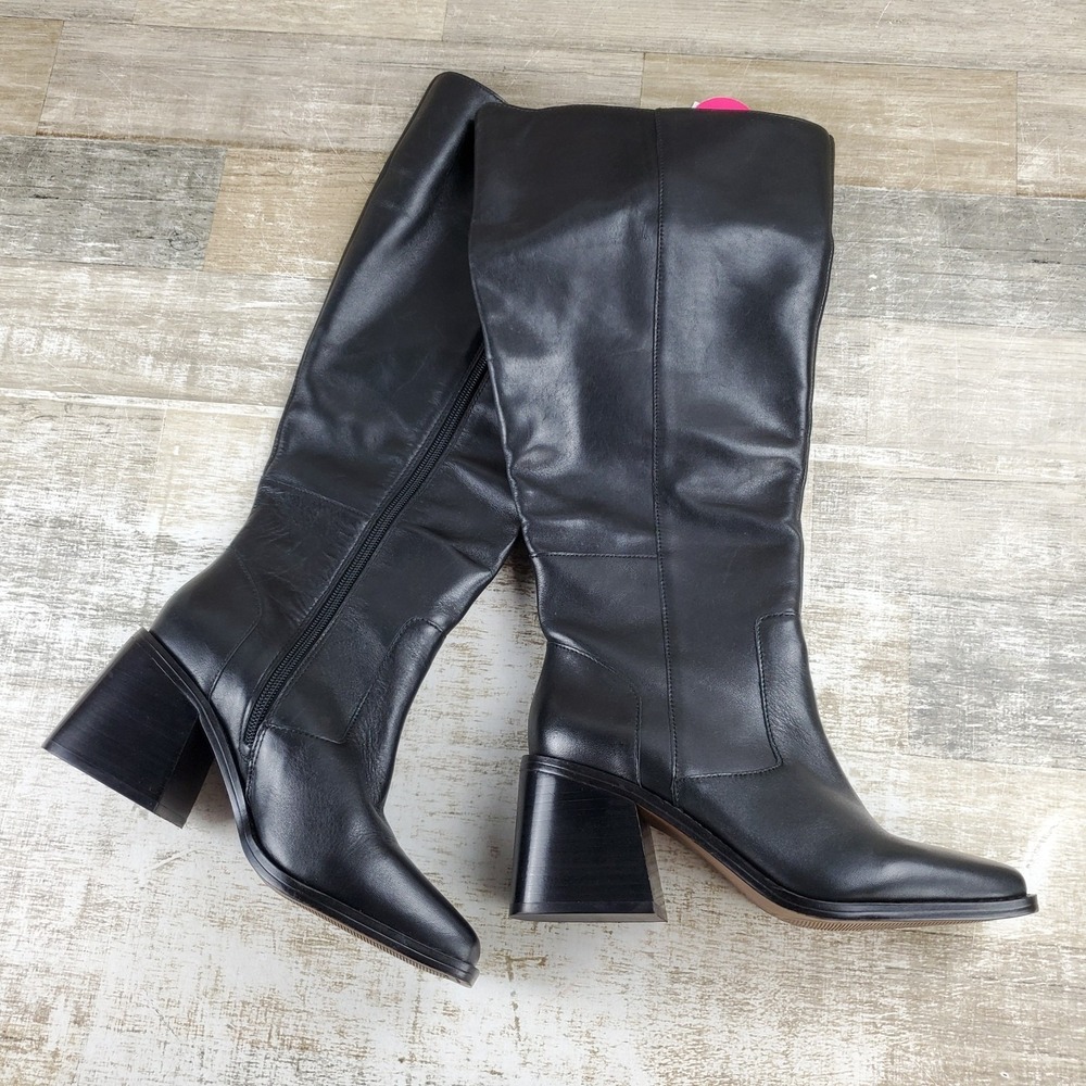 Vince Camuto Seshon Womens Knee-High Boot Sz 9 Black Leather Side Zip Square Toe